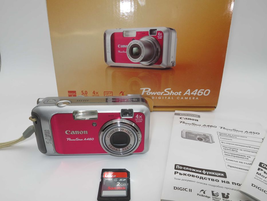 Canon A460 розова дигитална камера, компактен цифров фотоапарат, комплект с карта памет, работи отлично
