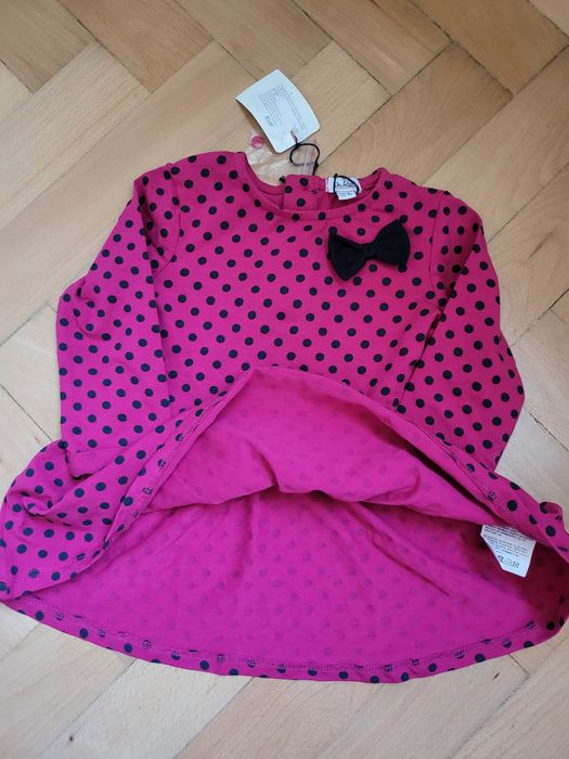 Rochie roz cu buline negre din 95% bumbac, pentru bebeluși, 9-12 luni, 74 cm, model Ladybug