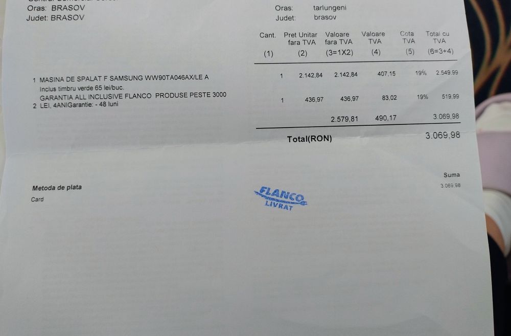 Mașina spălat rufe în garanție