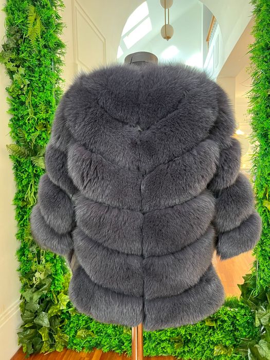 Haina / vesta blana de vulpe si piele de vitel, marime S ,gri