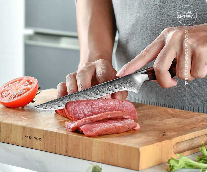 Cutit traditional japonez tip boning, otel Damasc, teaca piele