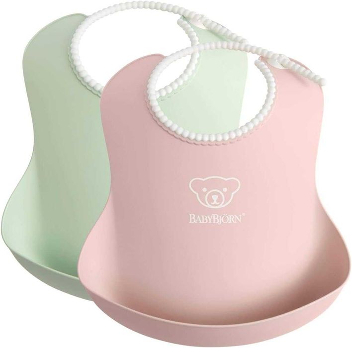 BABYBJÖRN Baby Bib – Комплект от 2 силиконови/пластмасови лигавника за хранене, Powder Green / Powder Pink