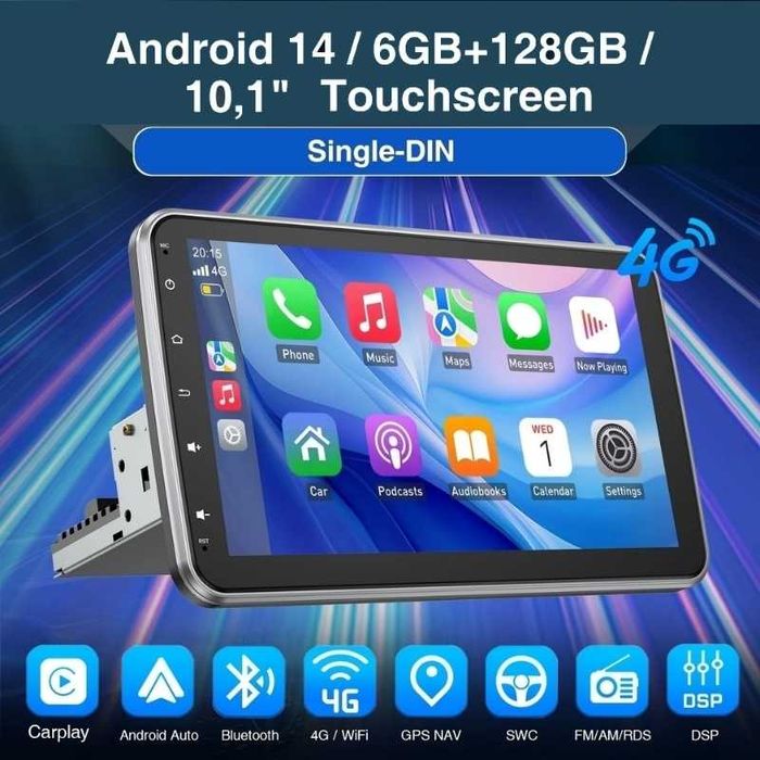 10.1” 1-DIN мултимедия с Android 14, 8-core CPU 6/128GB ,  4G/LTE, RDS, CarPlay и AndroidAuto