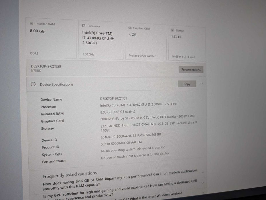 Laptop Asus 17,3 inch, FHD, i7-4710HQ, 8 GB RAM, GeForce gtx 850m 4 GB, 1 TB HDD + 240 GB SSD