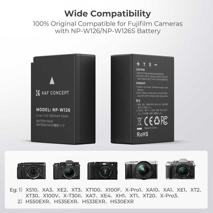 Комплект 2 батерии NP-W126 / NP-W126s + зарядно K&F Concept