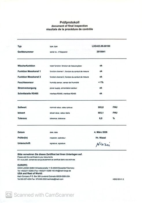 HACH SOLITAX sc LXG423.99.00100 – Senzor optic TSS / Turbiditate cu ștergător automat – Nou