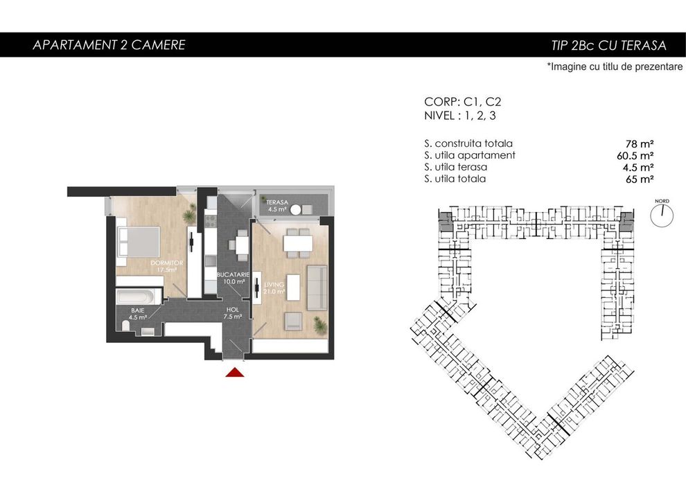 Apartament 2 camere decomandat 61 mp utili - Atria Urban Resort Sect 1