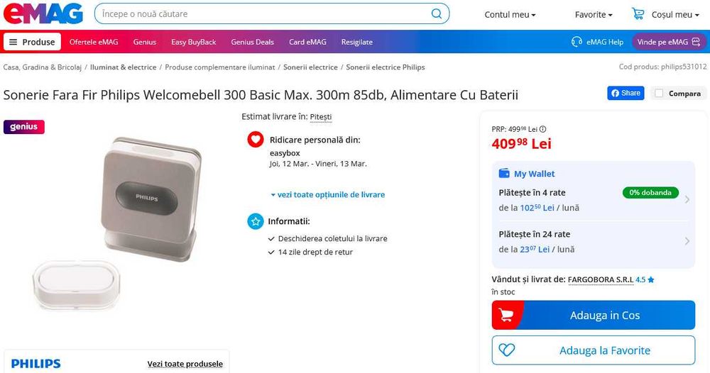Sonerie wireless Philips Welcome Bell 300 MP3, raza 300m. Noua.