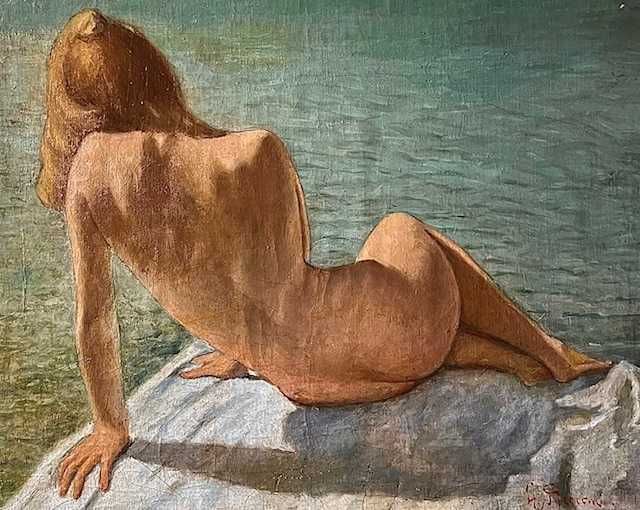 ”NUD PRIVIND MAREA” Tablou F, Foarte VECHI, ulei/pz/c, semnat 70x55c+R
