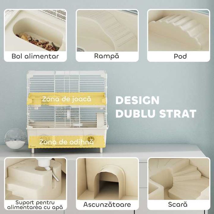 Cusca PawHut pentru Hamsteri cu 2 Nivele si 3 Usi, cu Roata si Tuburi, din Otel, PS si PP, 44.5x28x44 cm