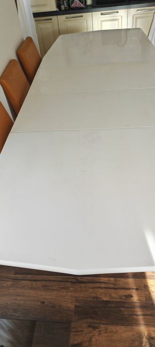 Masă living/bucătărie extensibilă albă (lemn masiv + MDF) 1.70m - 2.60m