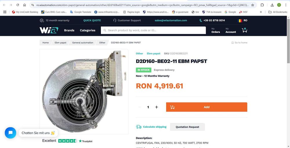 Ventilator centrifugal, Exhaustor Ebmpapst, 700W, D2D160-BE02-11