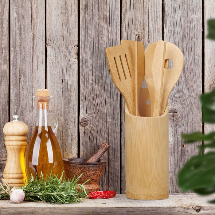 Set 5 ustensile bucatarie cu suport 2 lingiuri 2 spatule cleste bambus