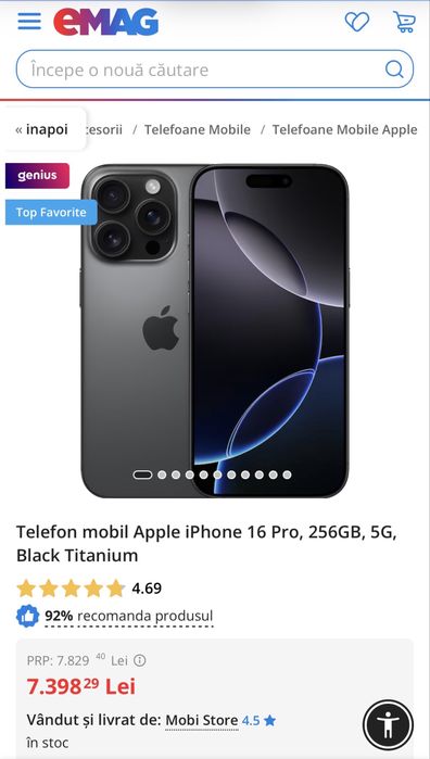 iPhone 16 Pro 256 GB Black Titanium Nou sigilat