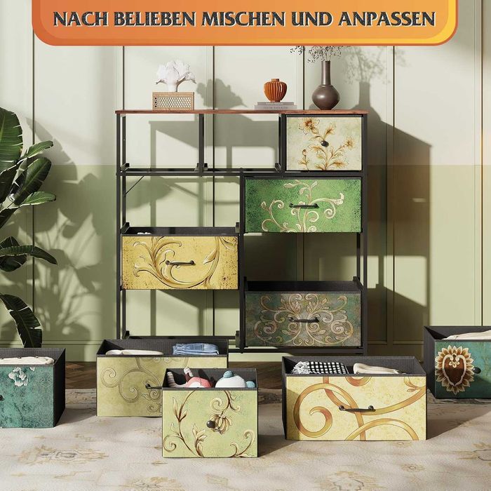 Скрин от плат с 9 чекмеджета, здрава стоманена рамка, Винтидж принт