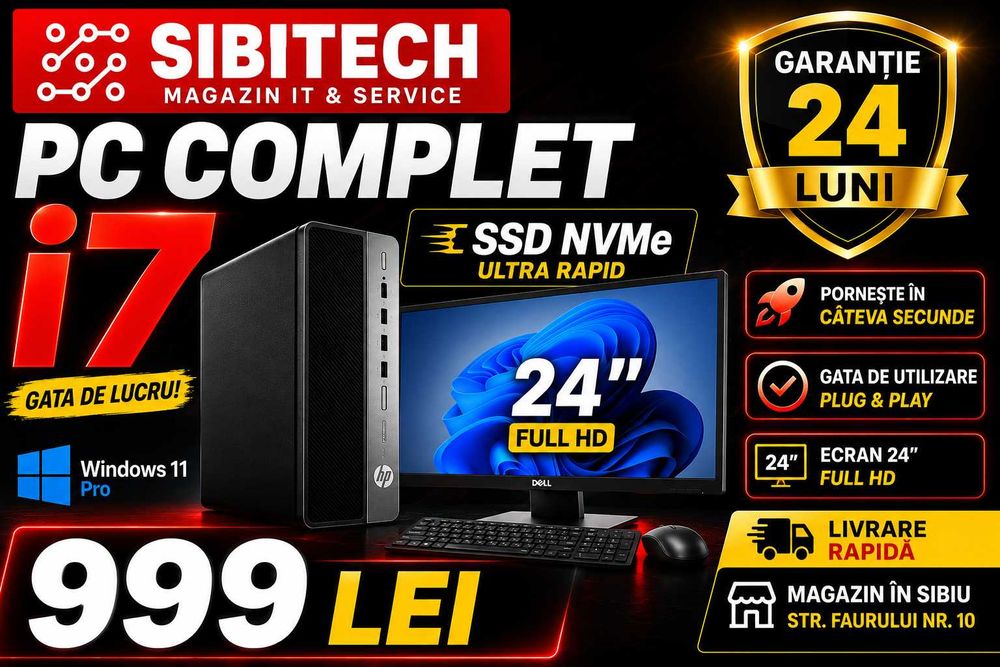 PC Complet i7 SSD NVMe + Monitor 24" Windows 11 Pro Garanție