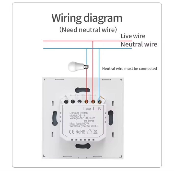 Intrerupator simplu cu touch si dimmer Tuya 1X300W sticla, aplicatie de mobil Tuya Smart Alexa si Google Assistant alb