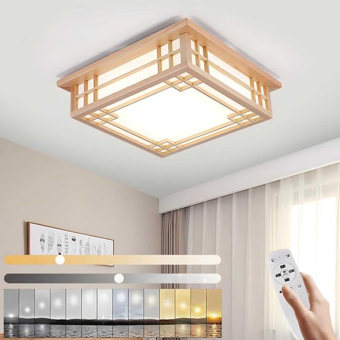 Дървен полилей ЛЕД LED, японски стил, квадратна, дистанционно 215 216