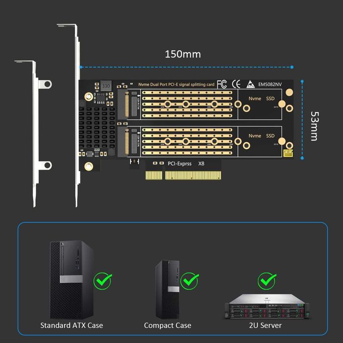 Placa Adaptor GLOTRENDS PA21 Dual M.2 NVMe PCIe 4.0 X8 Win Linux Mac