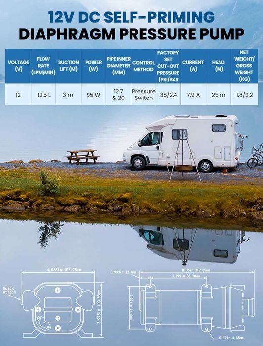 12V автоматична водна помпа 2.4 бара 95 W/ 12.5 л/мин за кемпер, лодка,напояване,тиха