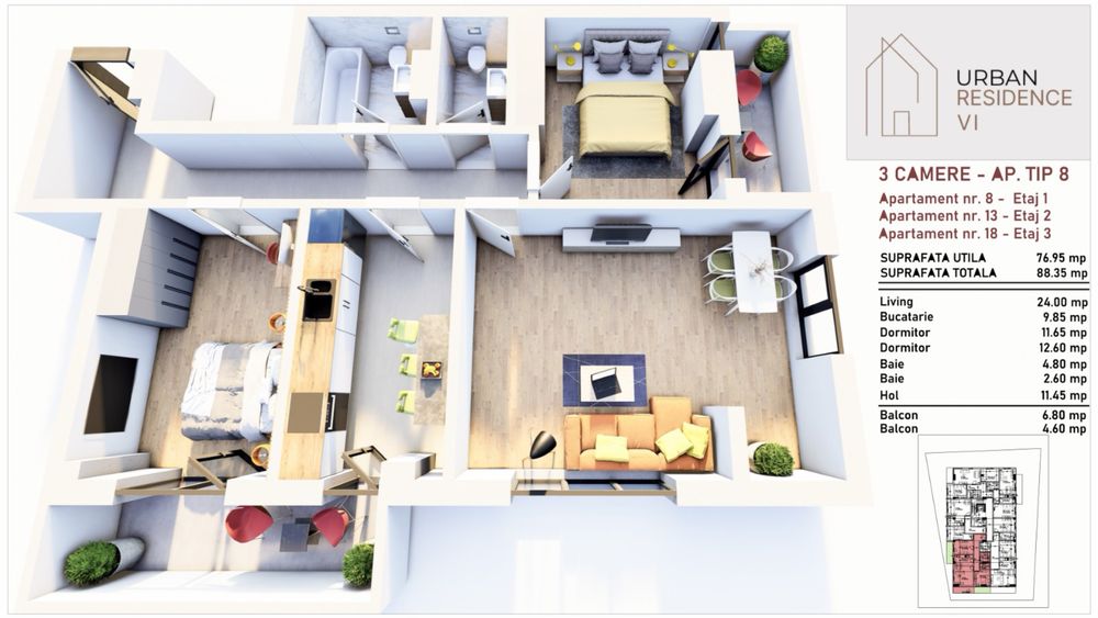 Apartament 3 camere in bloc nou cu lift finalizat