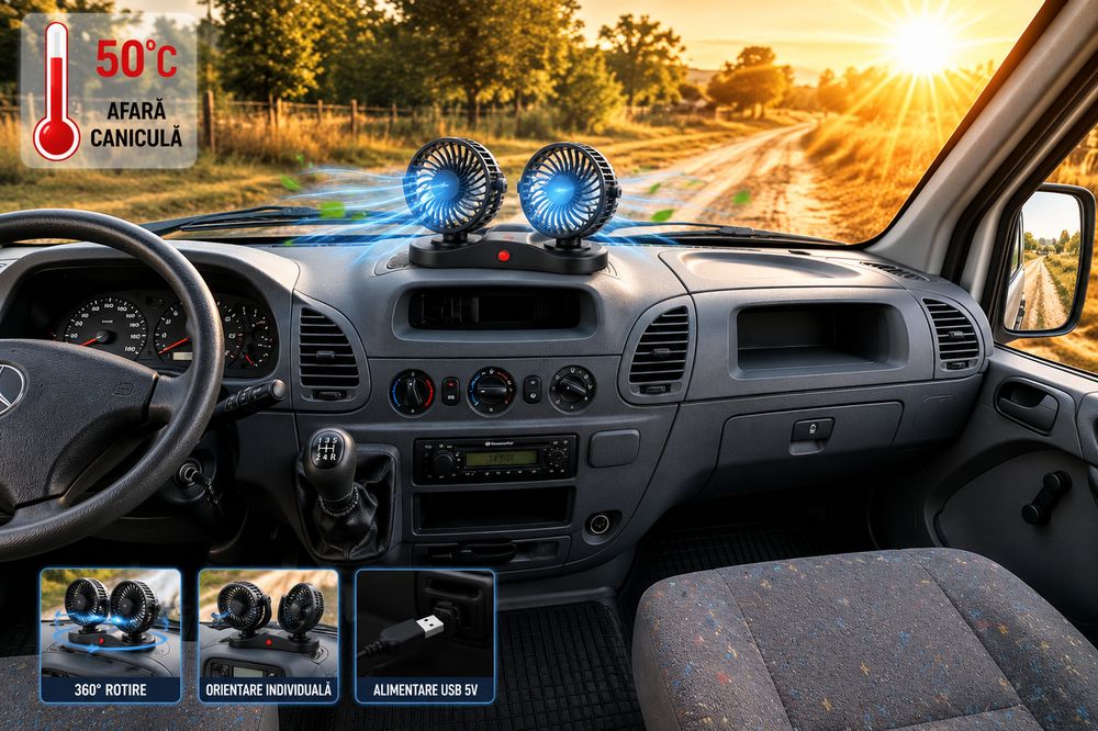 Ventilator Auto Dublu USB 5V Rotire 360 grade 3 Trepte Viteză