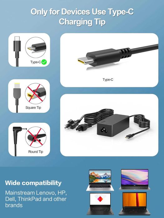 Incarcator 65W cu USB-C laptop Lenovo ThinkPad Hp Dell, ASUS Acer Yoga