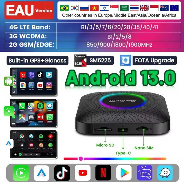 CarPlay/Android Auto wireless Android 13 4G GPS bluetooth 4GB+64GB