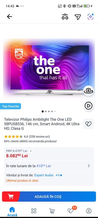 Televizor Philips Ambilight The One LED 58PUS8536, 146 cm, Smart Andro