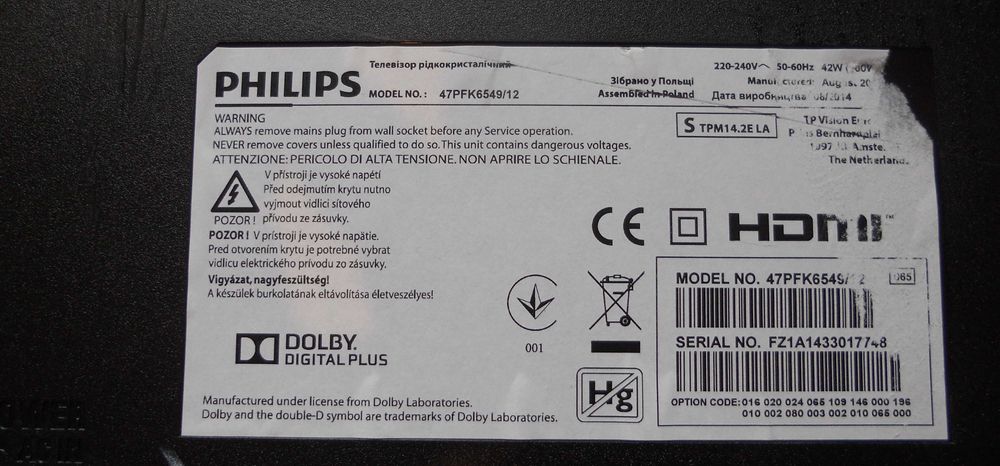 TV Philips 47PFK 6549 6559 dezmembrare piese PLTVDQ401XAN5 6870C-0471D