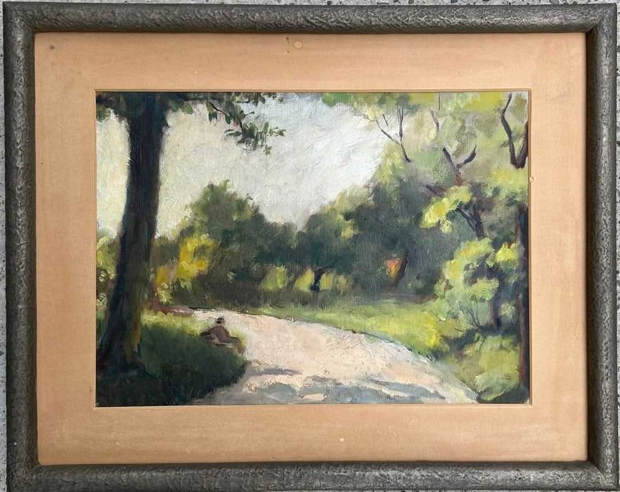 Traian Sfintescu (1905-1959) Tablou Peisaj In Cismigiu pe banca