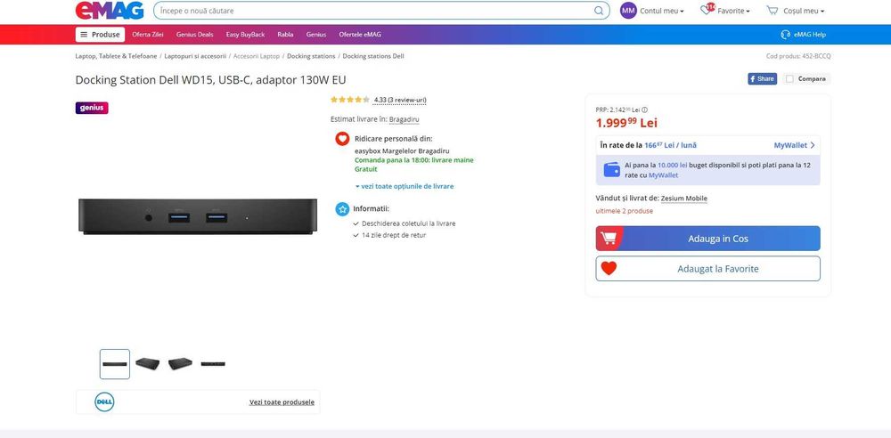 Docking Station Dell WD15, USB-C, adaptor 130W EU