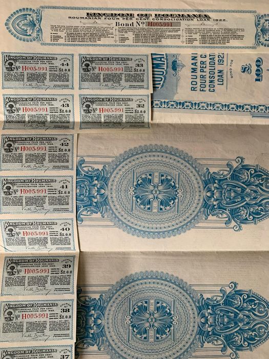 titlu stat £100 aur 1922 Romania bond lire sterline  neincasat