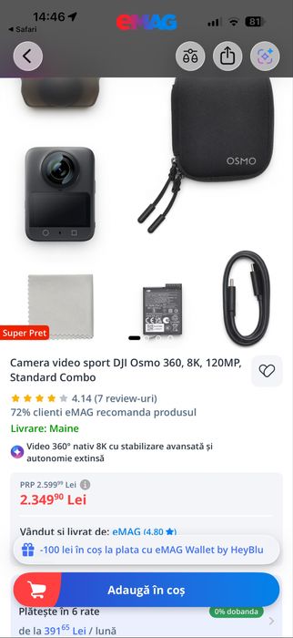 Camera video sport DJI Osmo 360 standard combo • NOUA / SIGILATA •