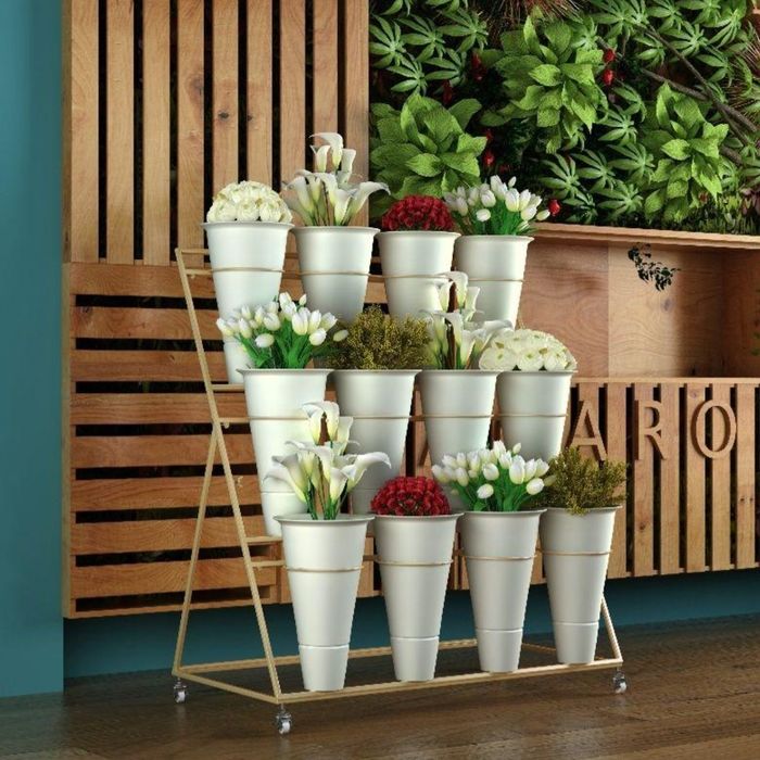 Suport etajat pentru flori cu roti 16 ghivece albe 100 x 65 x 150 cm