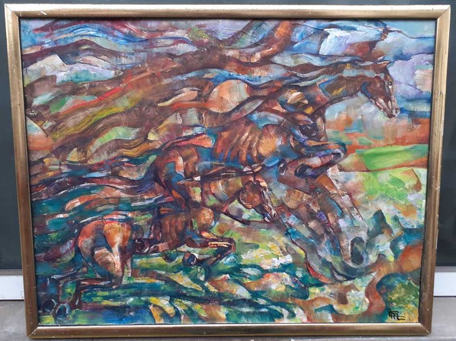 Tablou vechi -  cai - semnat CM ( Corneliu Michailescu)