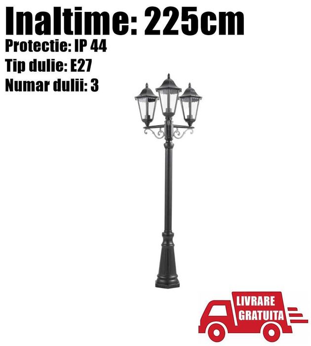 Stalp Iluminat Ornamental Decorativ Exterior Metalic Casa Gradina 3 x E27 Felinare Stradal Alee Inaltime Reglabila Max 225cm + LIVRARE GRATUITA BV