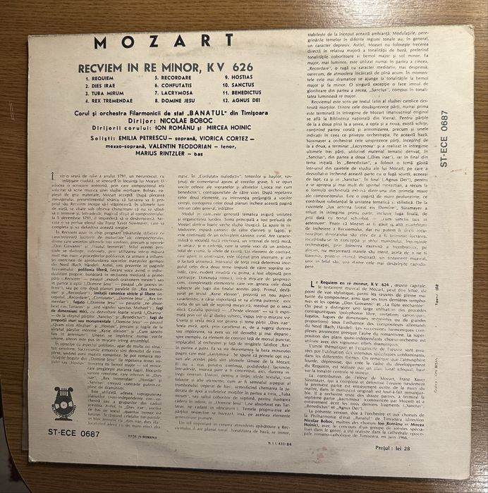 Mozart – Requiem KV 626 / Nicolae Boboc – Filarmonica Banatul Timișoara / Electrecord ST-ECE 0687
