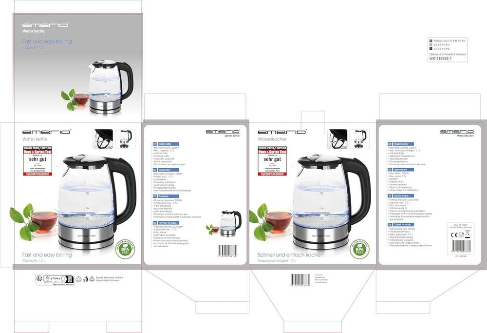 EMERIO Бързоварна кана със стъклен корпус и LED подсветка