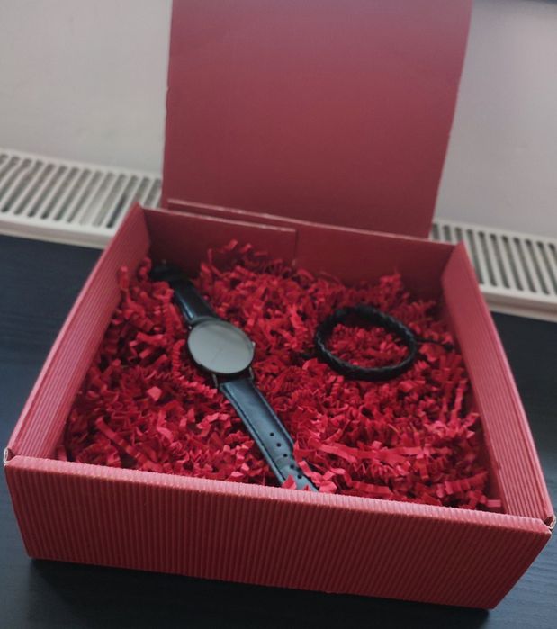 Ceas negru casual + brățară din piele