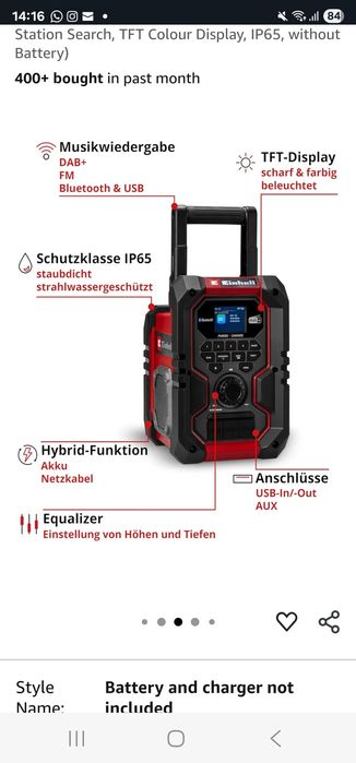 Radio de șantier cu Bluetooth si alte functii Einhell 
Einhell Bat