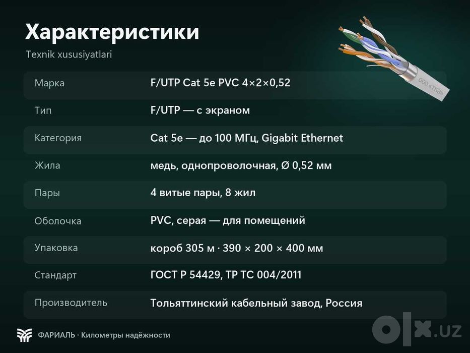 LAN-кабель F/UTP Cat 5e PVC 4x2x0,52, медь, 305 м, ФАРИАЛЬ