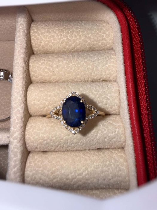 Inel din Aur Galben 14K cu Safir Natural și 36 Diamante (Certificat HRD Antwerp)