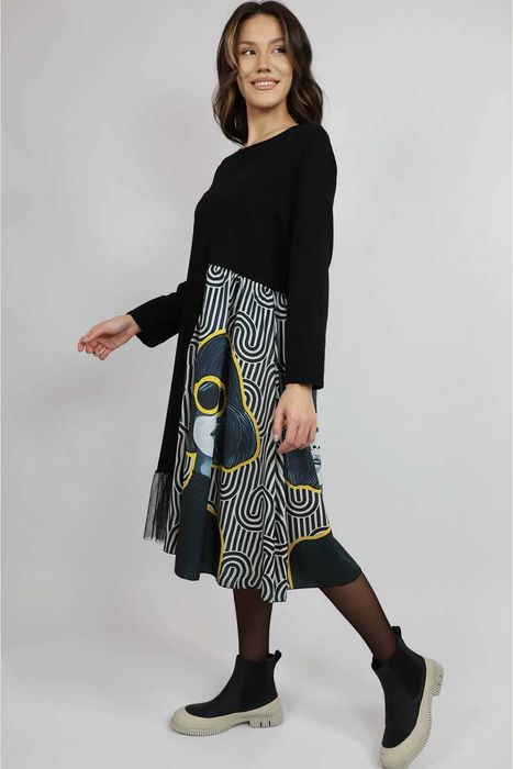 FashionLand Rochie Midi Cu Maneca Lunga Asimetrica Tul Sun Diptyque