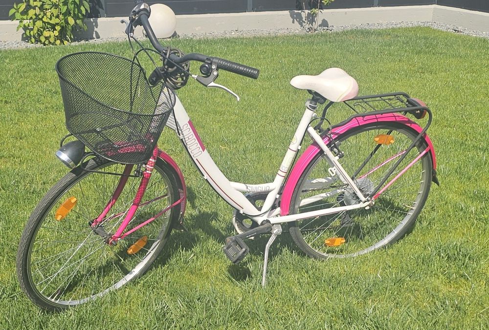 Bicicletă oraș / Citybike damă 26 inch (alb-roz) - Echipare Shimano