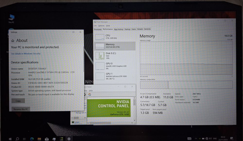 15.6'  IPS Acer Nitro Core i7-9750H/GTX 1650 4GB GDDR5/16GB/512GB
