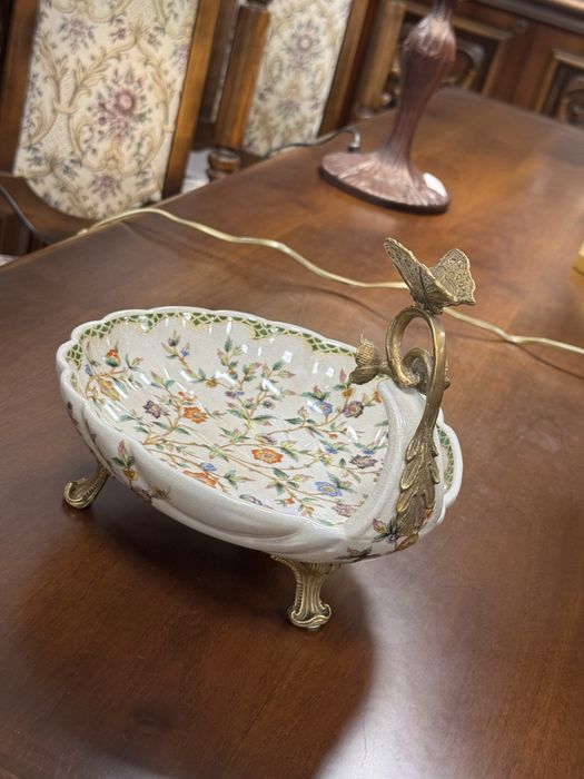 Fructiera din portelan craquelle si elemente bronz