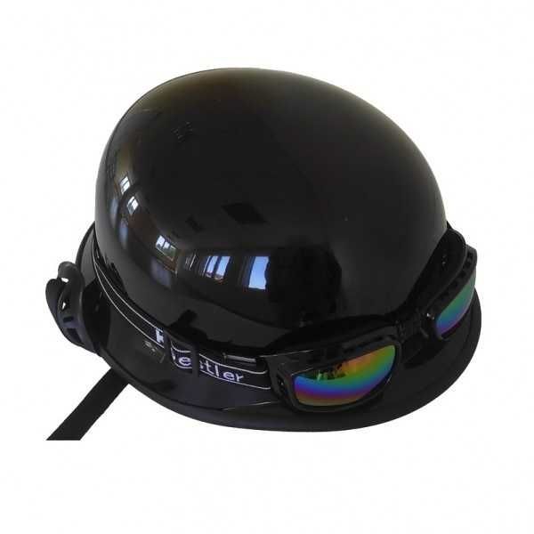 Ретро каска тип Немско канче + очила ~Черна лак/Черна Мат -130