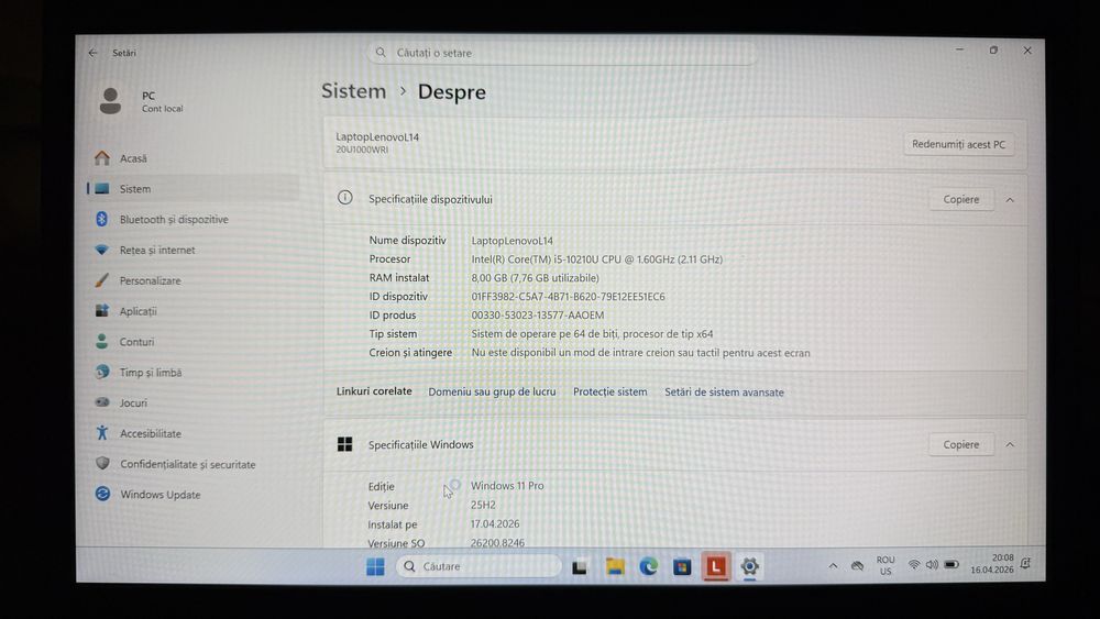 Laptop Lenovo L14, Intel i5 gen 10, 8 Gb RAM, 256 Gb HDD