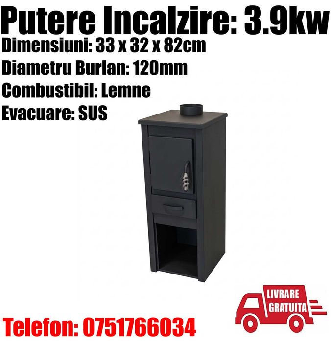 Semineu Incalzit Lemne Carbune Samotat Bucatarie Baie Camera Spatiu Depozit Garaj Cabana 33x32x82cm Evacuare 120 mm 3.9 kW + LIVRARE GRATUITA IS